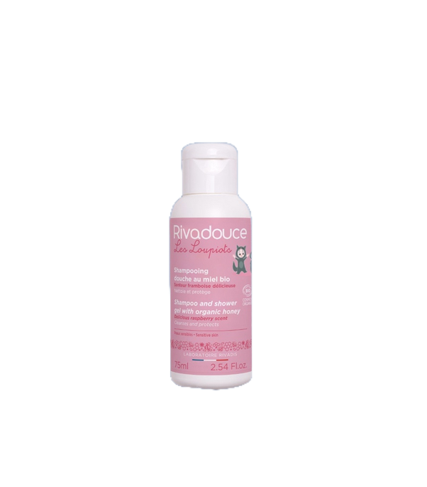 Rivadouce Loupiots Shampoo and Shower Gel with Organic Honey Delicious Raspberry Scent (Shampooing Douche Loupiots Miel Framboise) 75ml